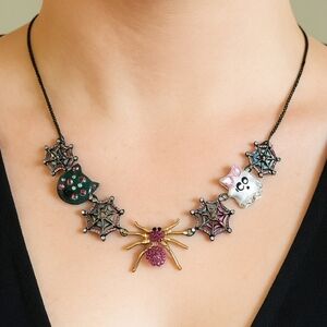 New Authentic Betsey Johnson Spider Necklace Ghost Web Cat Spooky Gothic Dark